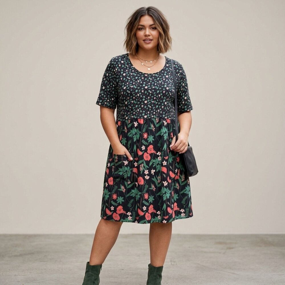 Ulla Popken Shift Dress Floral Mixed Print Pockets Black Whimsigoth Women 20/22